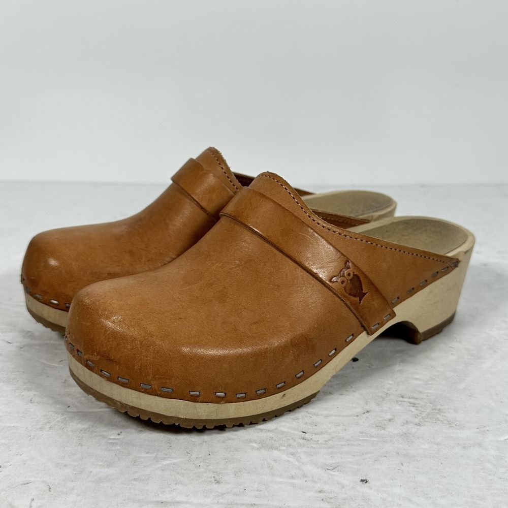Sandgrens Swedish lt TAN Leather Wooden Clog Mules Sz 35‎ Fast Shipping